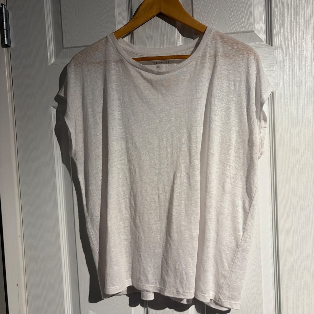 Eileen Fisher White 100% Organic Linen Jersey Short Sleeve Crew Neck Top Medium